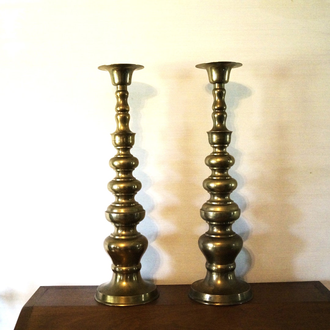Vintage Pair of Extra Large Brass Candlesticks 22 Inches Tall for Taper