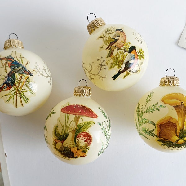 Vintage Mushroom Bird Christmas Ornaments Set of Four Glass Circle