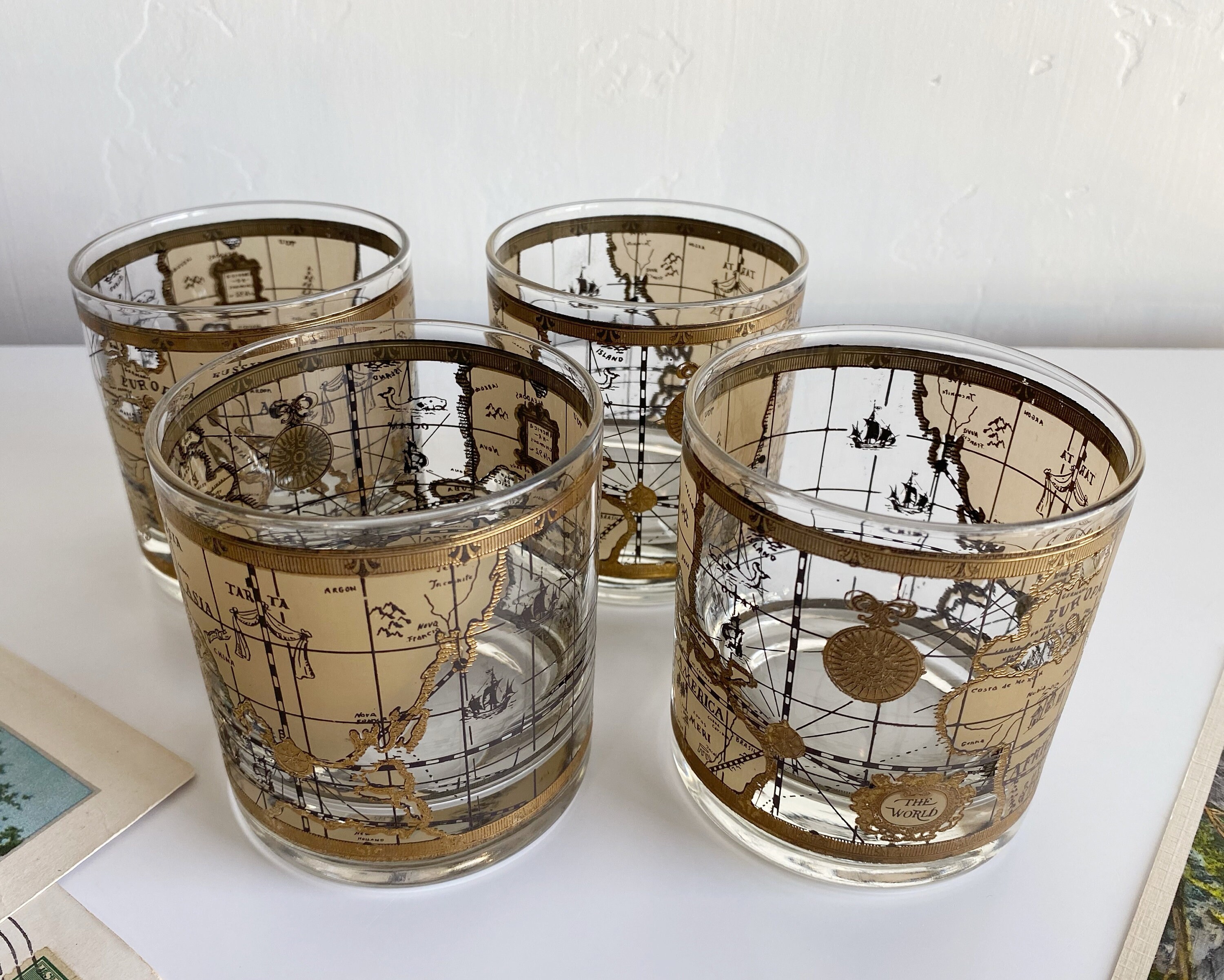Vintage World Map Barware / Cera Glass Company Glassware / Set Etsy