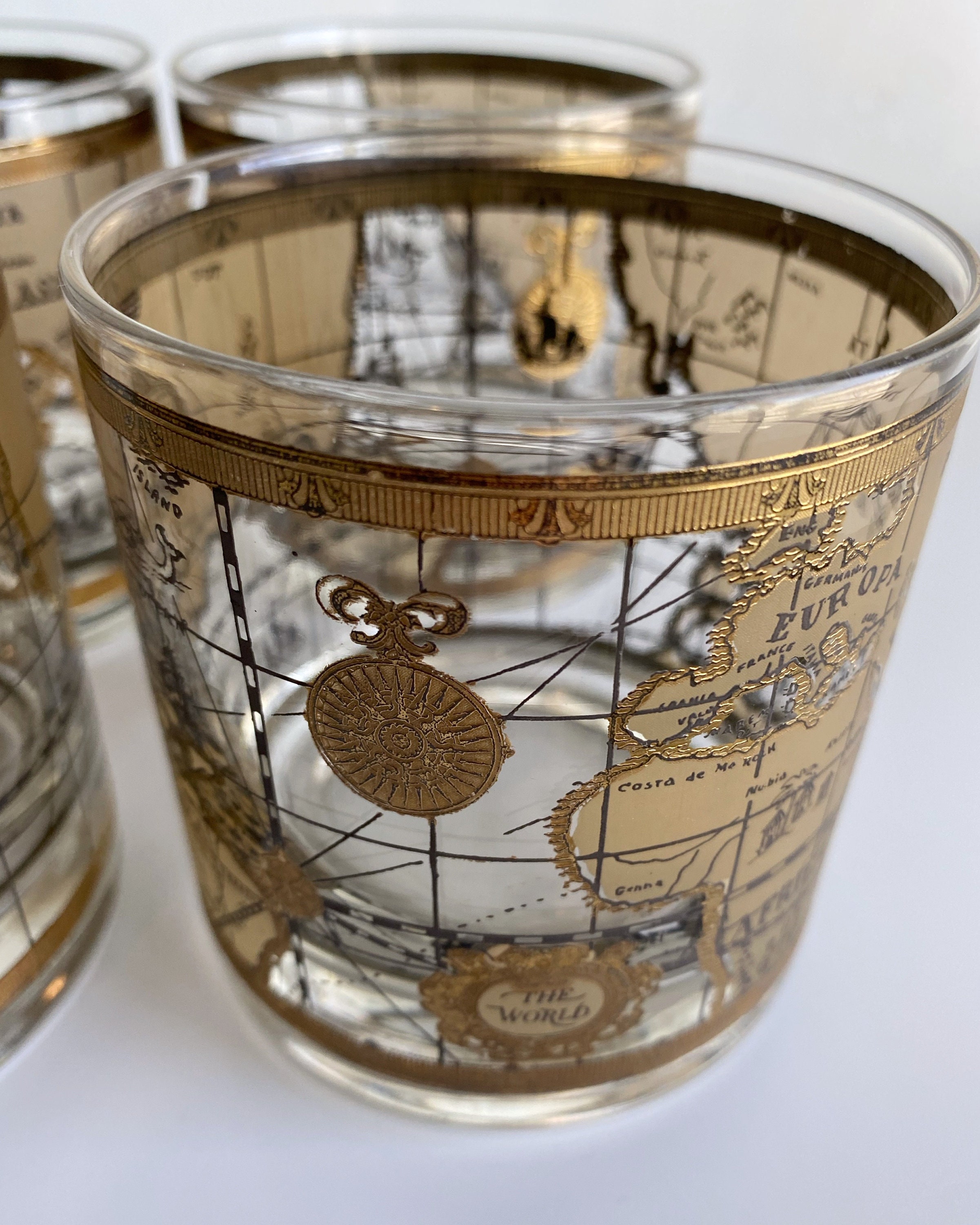 Vintage World Map Barware / Cera Glass Company Glassware / Set Etsy
