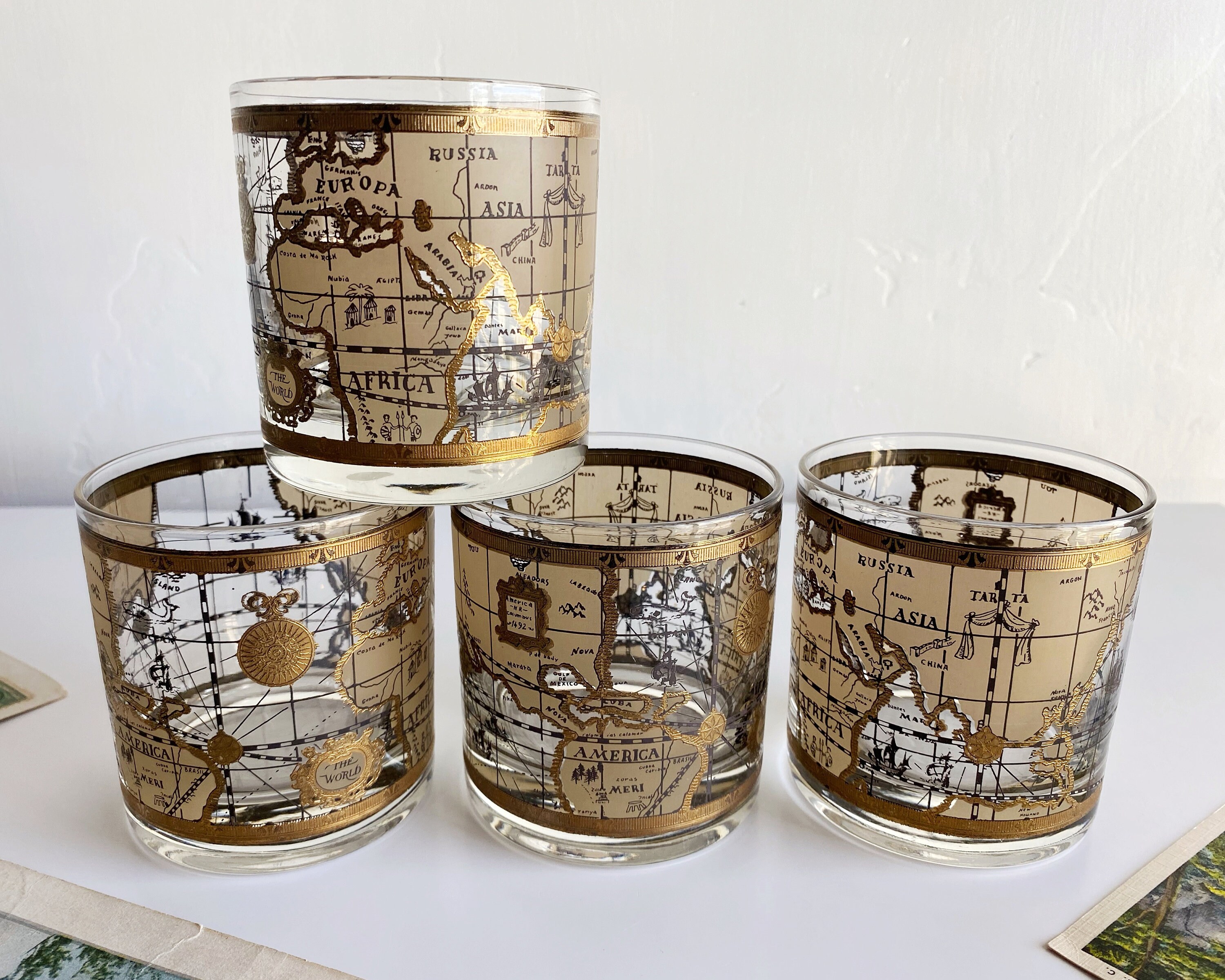 Vintage World Map Barware / Cera Glass Company Glassware / Set Etsy