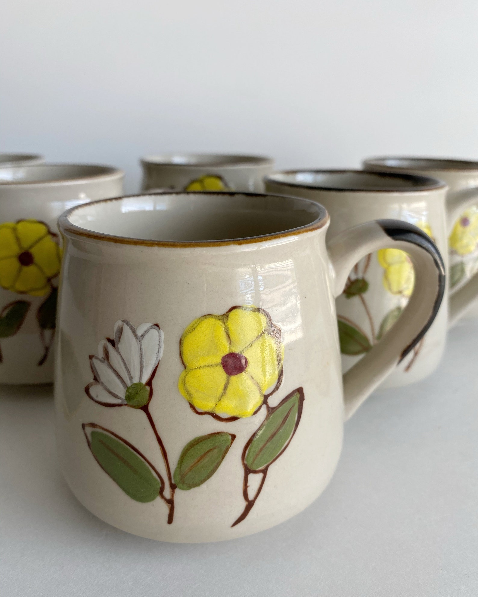 Vintage Flower Mug Set of 6 / Stoneware Ceramic Coffee Cups / Etsy