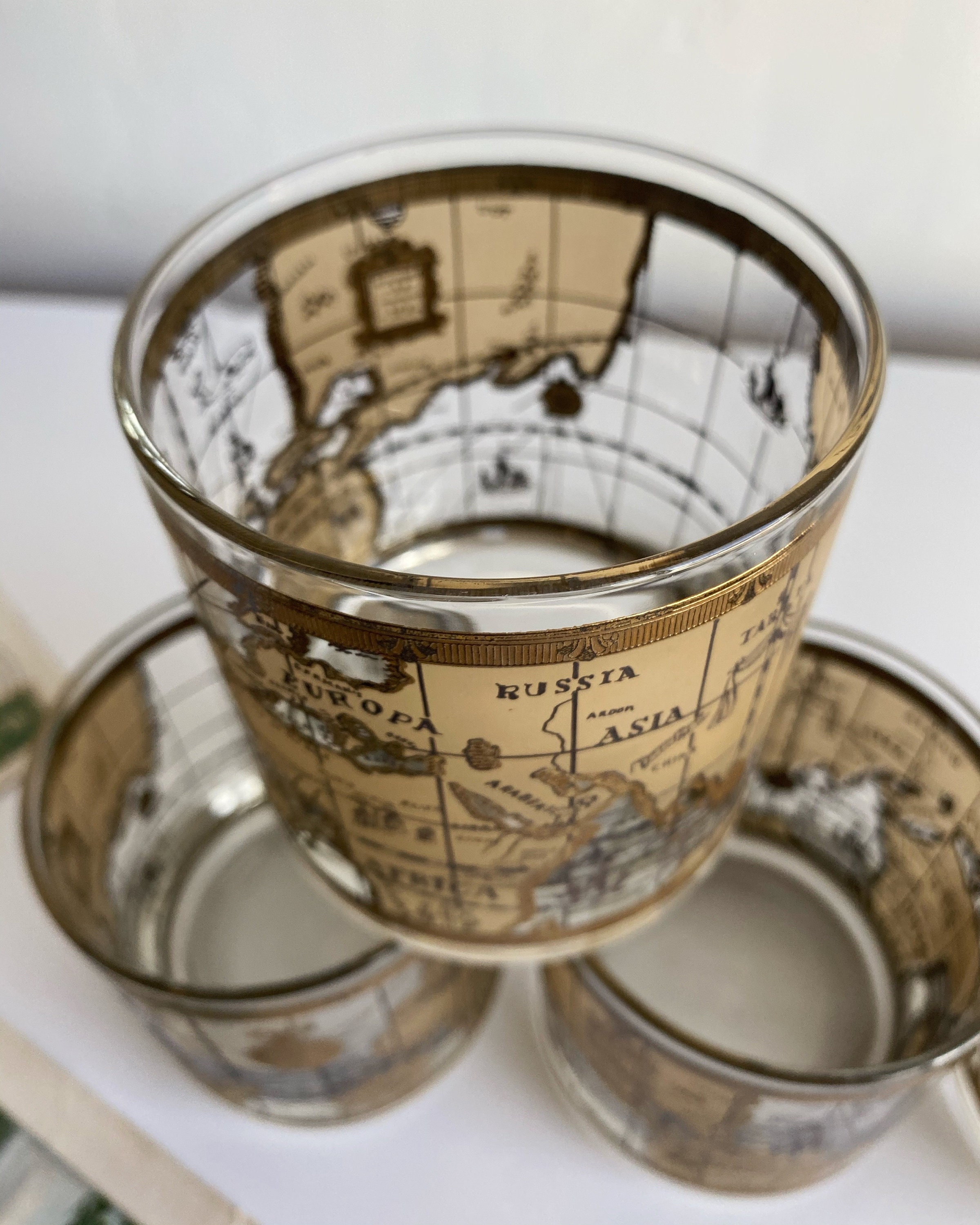 Vintage World Map Barware / Cera Glass Company Glassware / Set Etsy