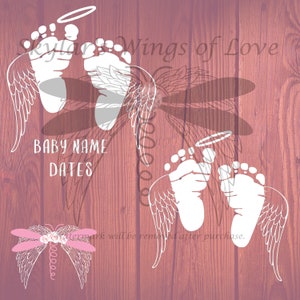 May include: White baby footprints with angel wings and a halo, with the text "BABY NAME DATES" below. A pink dragonfly with white wings is in the bottom left corner.