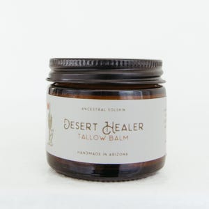 Balsamo di sego montato Desert Healer, balsamo di sego di manzo allevato al pascolo, balsamo di sego al creosoto, sego infuso con chaparral, biologico, idratante