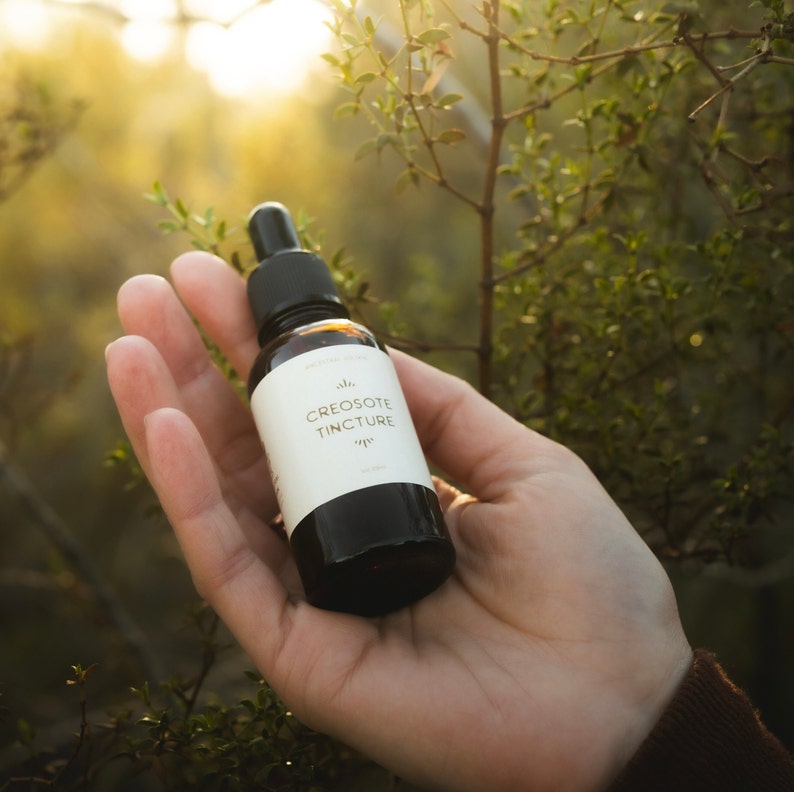 Pu&ograve; includere: Una bottiglia di vetro marrone con un contagocce e un'etichetta bianca che recita "CREOSOTE TINCTURE".