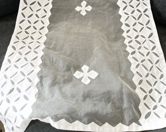 Hand Embroidered Organza Silk White Scarf, Pakistani Clothing Handmade Ralli Pattern Applique, Indian Wear Dupatta for Women