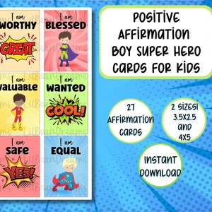 I AM Affirmation Boy Super Hero Karten für Kinder 27 lustige bunte I AM Affirmationskarten Motivation für Kinder Lunchboxkarten Set mit 27 Karten