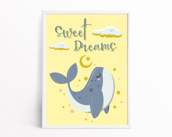 Sweet Dreams | Nursery Wall Art | Kids Wall Art | Yellow Dreamy Baby Whale | Printable Wall Art - Digital Download