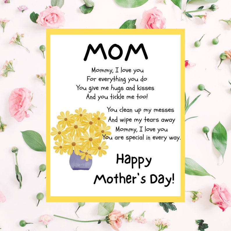 MOM Mother's Day Poem Printable Mother's Day Poem from Child Yellow Daises Mother Day Gift Idea Printable Digital Download image 1