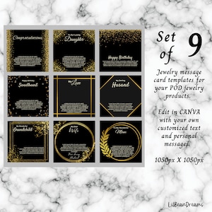 Conjunto de 9 modelos de cartões de mensagem para joias POD ShineOn Modelos de cartões de mensagem para presentes de joias Modelos Canva para joias POD - Ouro preto nº 1