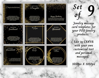 Jewelry Message Card Templates Set of 9 POD ShineOn Message Card Templates for Jewelry Gifts Canva Templates for POD Jewelry - Black Gold #1