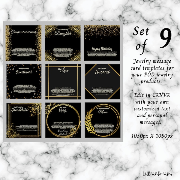 Jewelry Message Card Templates Set of 9 POD ShineOn Message Card Templates for Jewelry Gifts Canva Templates for POD Jewelry - Black Gold #1