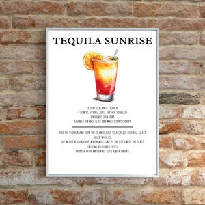Tequila Sunrise Vintage Drink Recipe Cocktail Print Recipe Card Bar Art Old Fashion Drink Home Gift Idea Printable Drink Recipe Wall Decor