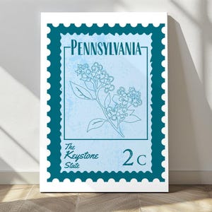 Sello postal antiguo con flores estatales de Estados Unidos, arte mural con estampado floral colorido, decoración para el hogar, arte mural de viaje personalizado, sellos postales de Estados Unidos