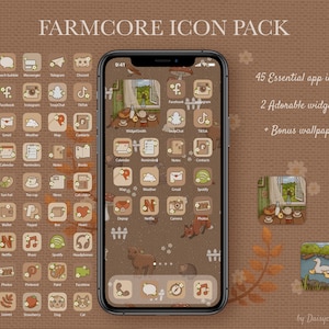 May include: A set of 45 farmcore-themed app icons for an iPhone, featuring illustrations of animals, plants, and objects. The icons are arranged in a grid on a brown background with a farmhouse-style wallpaper. The set also includes two widgets and a bonus wallpaper.