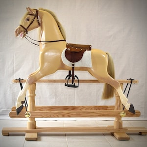 Traditional, Wooden, Hand Carved, Palamino Rocking Horse on Safety Swing Stand