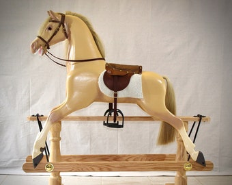 Traditional, Wooden, Hand Carved, Palamino Rocking Horse on Safety Swing Stand