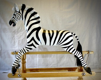 Traditional, Wooden, Hand Carved Rocking Zebra on Safety Swing Stand