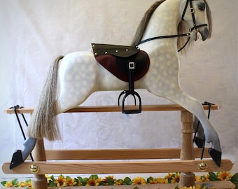 Traditional, Wooden, Hand Carved, Light Dapple-Grey Rocking Horse on Safety Swing Stand