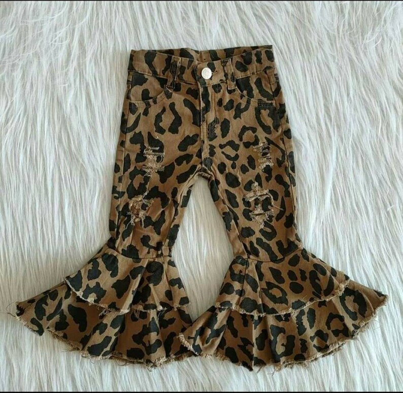 Girls bell bottom distressed cheetah print jeans sizes 4T | Etsy