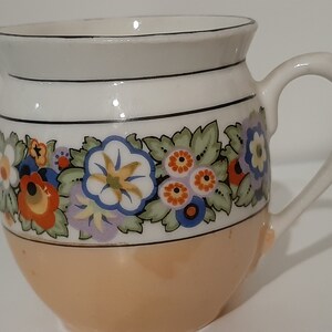 Creamer lusterware white porcelain with black & multi-color floral band/ trim, iridescent tan bottom band. Czecho-Slovakia. Vintage 1950s. image 8