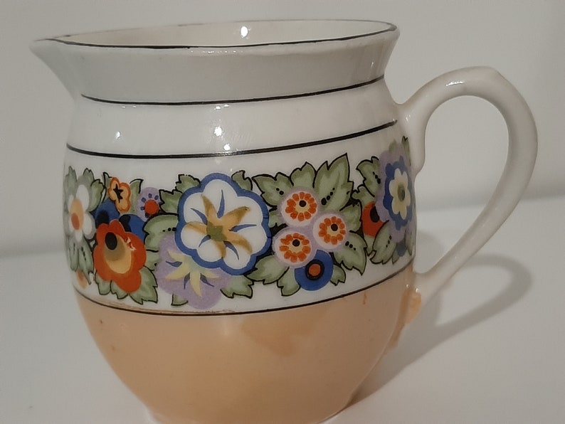 Creamer lusterware white porcelain with black & multi-color floral band/ trim, iridescent tan bottom band. Czecho-Slovakia. Vintage 1950s. image 8