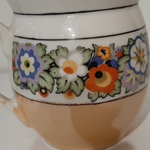 Creamer lusterware white porcelain with black & multi-color floral band/ trim, iridescent tan bottom band. Czecho-Slovakia. Vintage 1950s. image 6