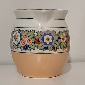 Creamer lusterware white porcelain with black & multi-color floral band/ trim, iridescent tan bottom band. Czecho-Slovakia. Vintage 1950s. image 4