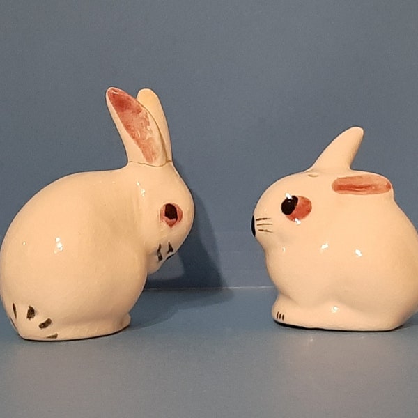 Salt & Pepper Shakers - Bunny Rabbits - ceramic cream with black and pink accents. Vintage 1950s.