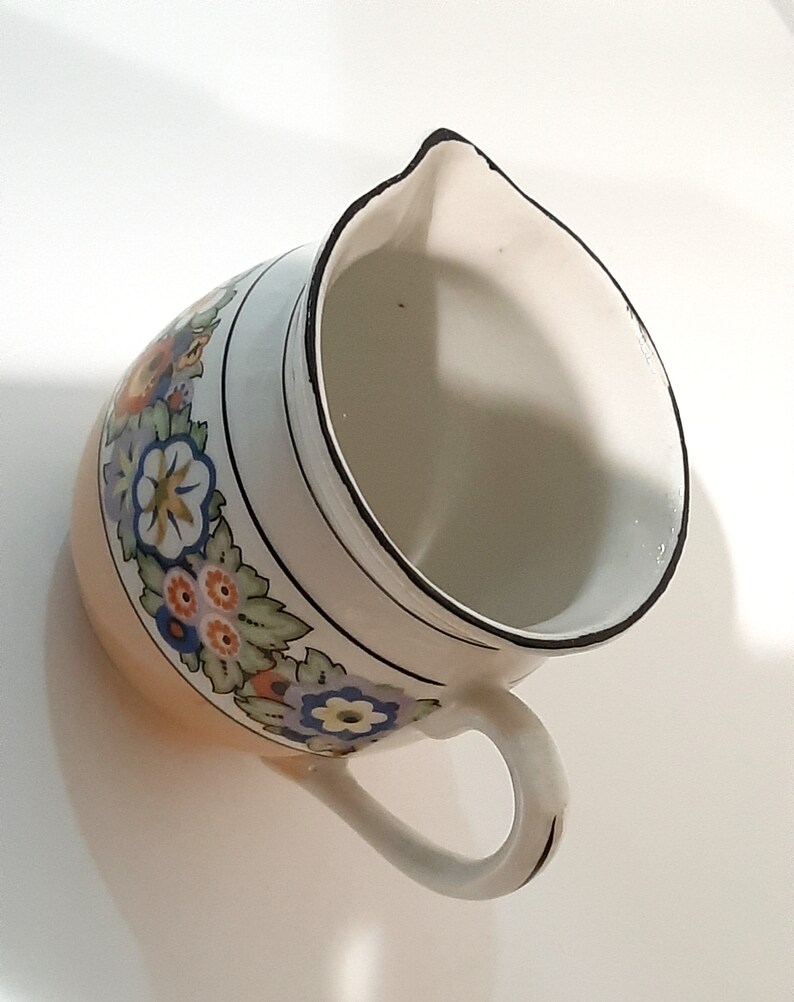 Creamer lusterware white porcelain with black & multi-color floral band/ trim, iridescent tan bottom band. Czecho-Slovakia. Vintage 1950s. image 9