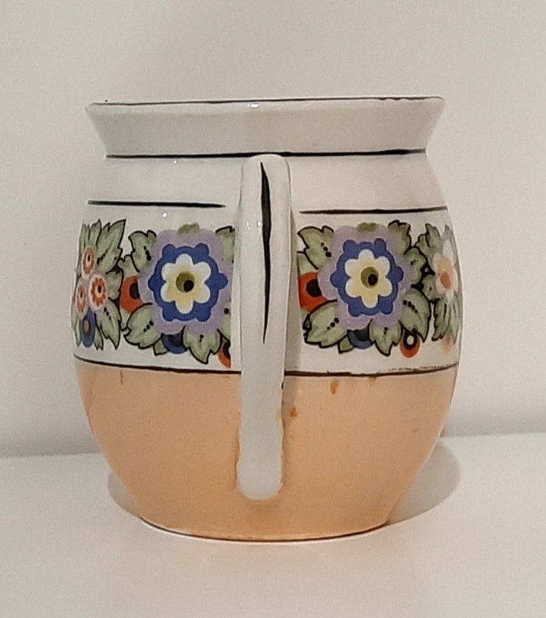 Creamer lusterware white porcelain with black & multi-color floral band/ trim, iridescent tan bottom band. Czecho-Slovakia. Vintage 1950s. image 7