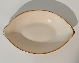 Lenox Jewelry or Trinket Dresser Tray - oval porcelain cream with metallic gold trim. Viintage 1940s-1960s.