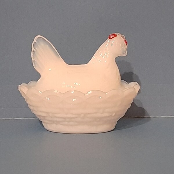 2 pc. Milk Glass Hen on basket nest - with red paint accent. Vintage 1940s.