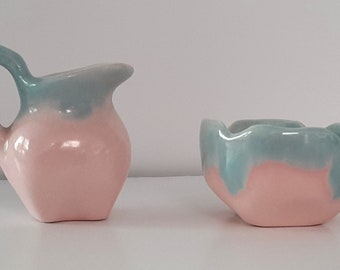 2 pc. Creamer & Sugar Bowl Set - ceramic pottery in pink and light blue. Vintage 1950s-1970s.