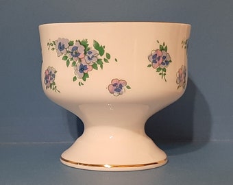 Royal Victoria Footed Bowl - white china with gold metallic rims, lavender & pink pansies with green leaves.