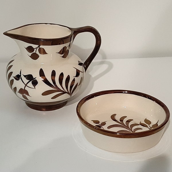 Sandland Ware 2 pc. Creamer & Open Sugar Bowl Lusterware Set. White with metallic bronze “copper lustre” leaf designs and trim.