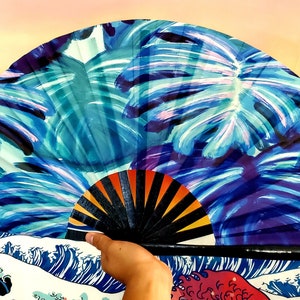 Large Bamboo Hand Fan for Festivals, Raves, and Dance - Blue Tropical