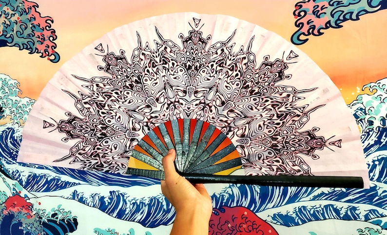 Pink Sacred Art and Dance Large Bamboo Hand Fan for Festivals Raves