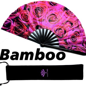 Large Bamboo Hand Fan for Festivals, Raves, and Dance - Black Pink Roses