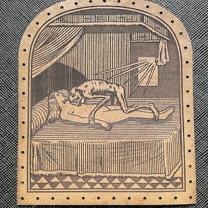 May include: A brown, arched wooden panel featuring a detailed engraving of a person lying in bed with a creature above them. The scene includes a window, curtains, and a patterned bedspread. The panel has small holes around the edge.