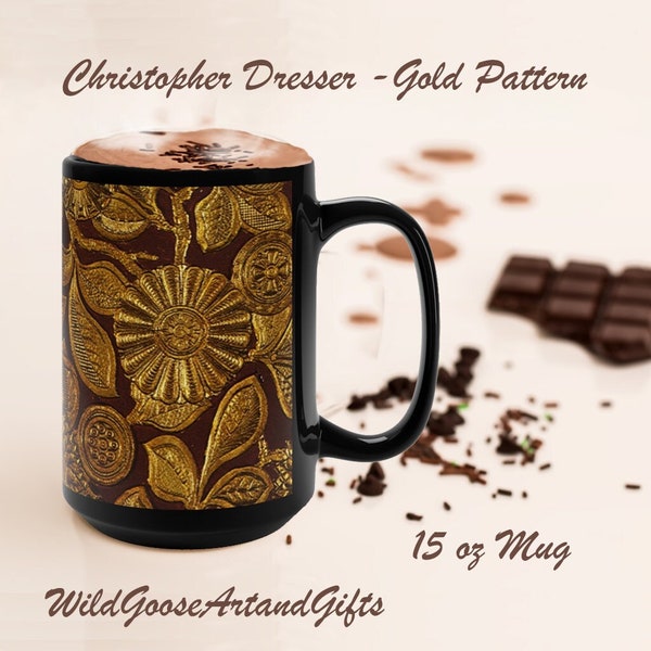 Gold Leaf Mug, Christopher Dresser, Coffee Mug, Tea Mug,, Black Mug 15oz