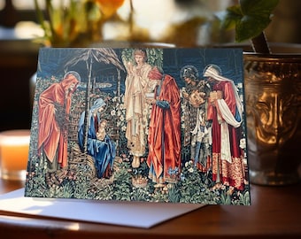 May include: A Christmas card featuring a vintage illustration of the Nativity scene. The card depicts Mary, Joseph, and the baby Jesus, along with the three wise men, an angel, and a star. The illustration is done in a traditional style with rich colors and intricate details.