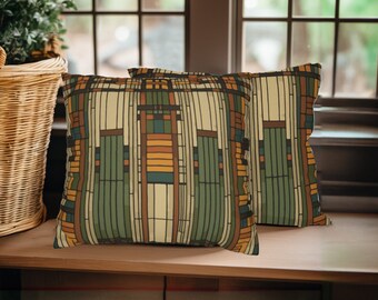 Décoration artisanale de bungalow : coussin de style Franklin Lloyd Wright, architecture abstraite, dessin géométrique à colorier à la main