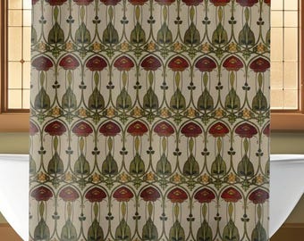 May include: A shower curtain featuring a repeating floral pattern in deep red, olive green, and gold on a cream background. The text Charles Rennie Mackintosh is printed on the right side. The curtain hangs from a metal rod with silver rings.