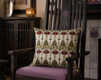 May include: A dark wood high-back chair with a purple upholstered seat cushion and a square throw pillow featuring a repeating floral pattern in red, green, and cream colors. The chair back has vertical slats and a decorative inlay detail.