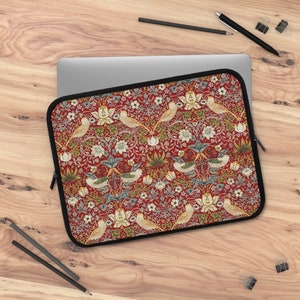 Red Laptop Sleeve, Crimson Strawberry Thief, William Morris, Arts and Crafts Laptop Cover