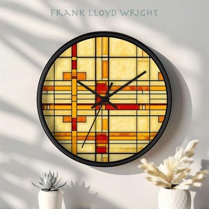 Art Deco Wall Clock | Geometric Shapes | Red and Orange Accents | Frank Lloyd Wright Inspired | Home Decor | Unique Gift | Modern Clock