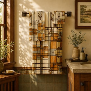 Frank Lloyd Wright Style Bath Mat & Towel Set: Abstract Geometric Decor