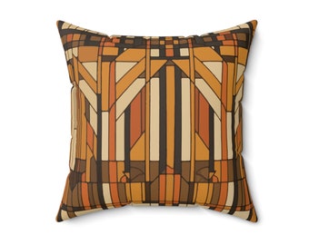 Décoration artisanale - coussin abstrait - style Franklin Lloyd Wright - architecture abstraite - coloriage à la main - chevrons